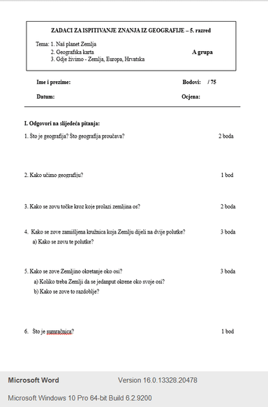1.ispit znanja I. polugodišta - Naš planet Zemlja, Geografska karta, Gdje živimo? - A grupa