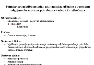 Primjer prilagodbi metoda i aktivnosti za učenike s posebnim odgojno-obrazovnim potrebama - Osnove ekonomije