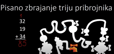 Videolekcija Pisano zbrajanje triju pribrojnika