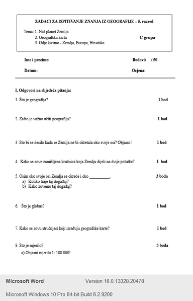 1. ispit znanja I. polugodišta - Naš planet Zemlja, Geografska karta, Gdje živimo - PP grupa