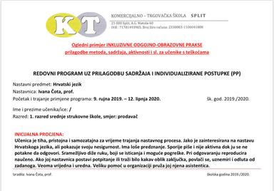 Ogledni primjer inkluzivne odgojno-obrazovne prakse: prilagodbe metoda, sadržaja, aktivnosti i sl. za učenike s teškoćama 