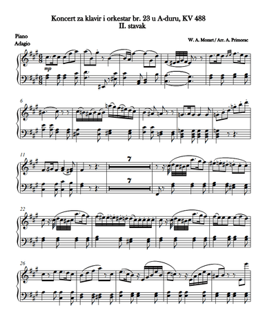 W. A. Mozart/arr. A. Primorac: Koncert za klavir i orkestar br. 23 u A-duru, KV 488, II. st