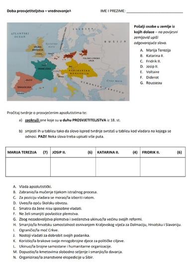 Doba prosvjetiteljstva - primjena naučenih činjenica, primjer zadataka za vrednovanje 