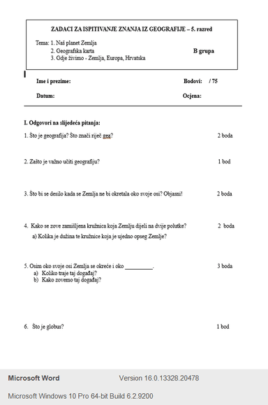 1.ispit znanja I. polugodišta - Naš planet Zemlja, Geografska karta, Gdje živimo - B grupa