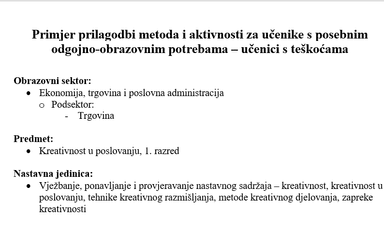 Primjer prilagodbi metoda i aktivnosti za učenike s posebnim odgojno-obrazovnim potrebama  - Kreativnost u poslovanju